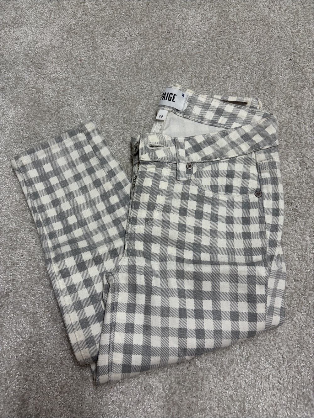 PAIGE Gray and Cream Gingham Skinny Jeans